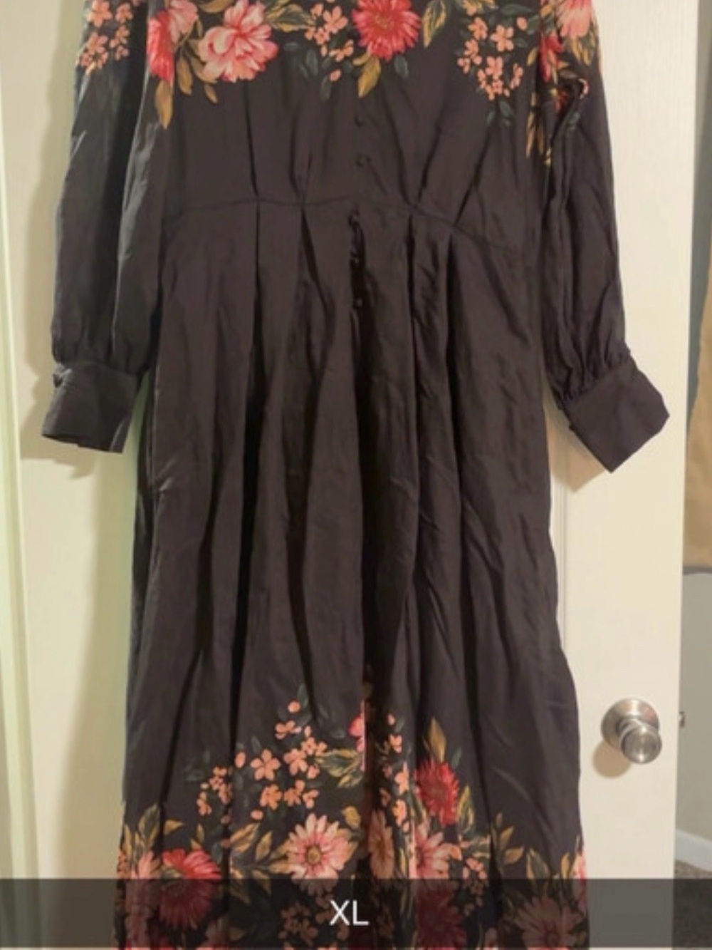 Floral Long Sleeve Maxi Dress - Black with Pink Floral Large